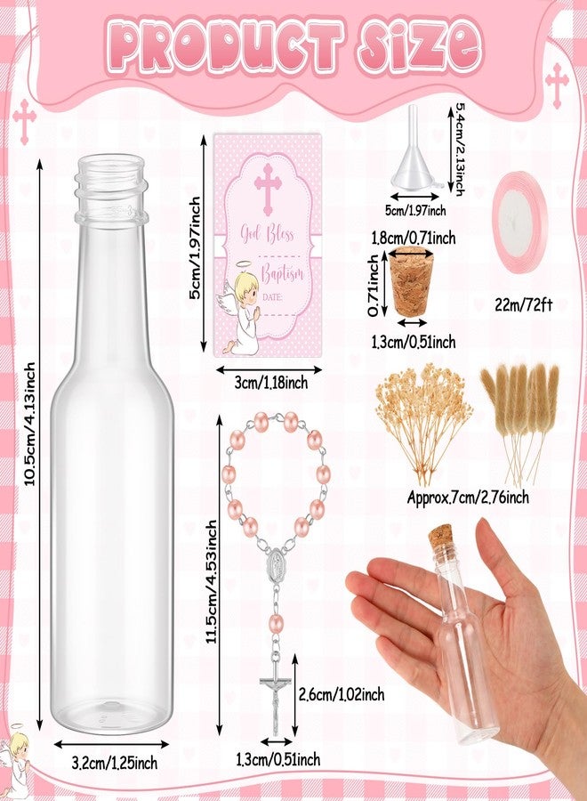 Highergo 50 Set Catholic Holy Water Bottles Cross Rosary Set Baptism Party Favors 50ml Christian Clear Plastic Holy Water Containers Cork Stopper for Church First Communion Wedding Table Newborn(Pink) - Image 2